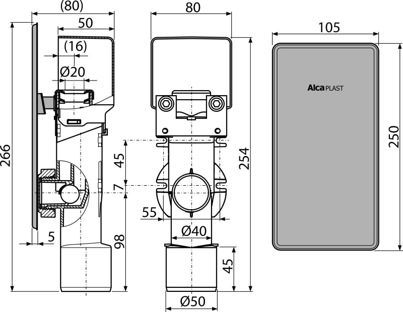 AKS4 - Sifon pro odkapávající kondenzát podomítkový, nerez DN40 a DN50 