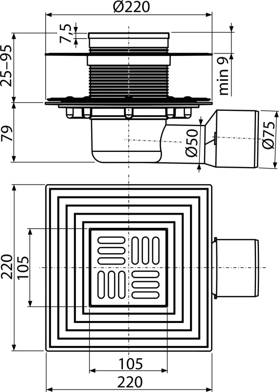 APV3344 - Podlahová vpust 105×105/50/75 mm boční, mřížka nerez, nerezová příruba a límec 2. úrovně izolace, vodní a suchá zápachová uzávěra